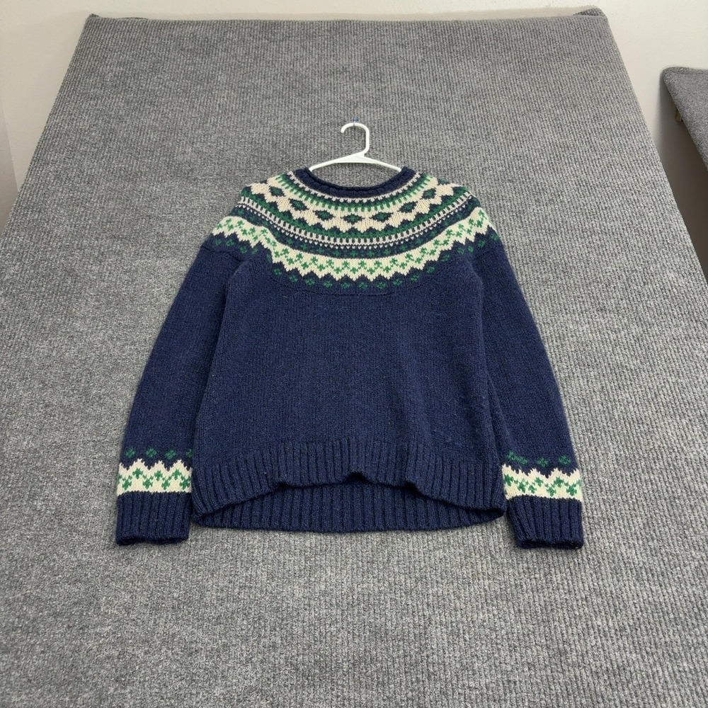 LL Bean Sweater Women M Navy Lambswool Fair Isle Crew Neck Classic Outdoor